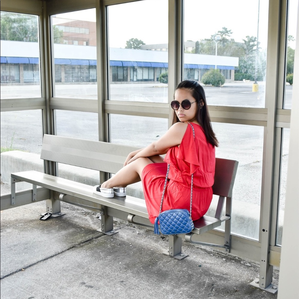 JUSTFAB RED DRESS + BLUE EMBROIDERY - Picture 2 of 5